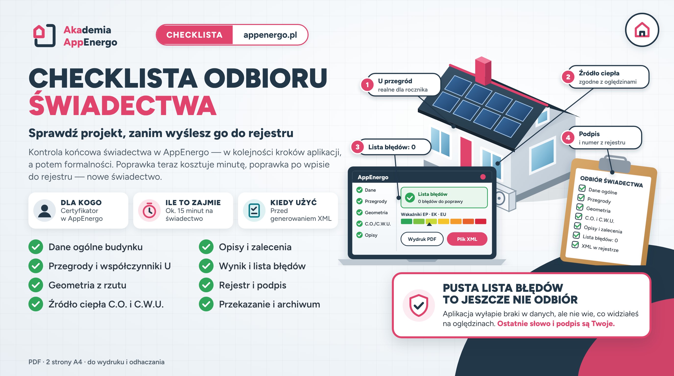 Podgląd: Checklista odbioru świadectwa — kontrola końcowa w AppEnergo